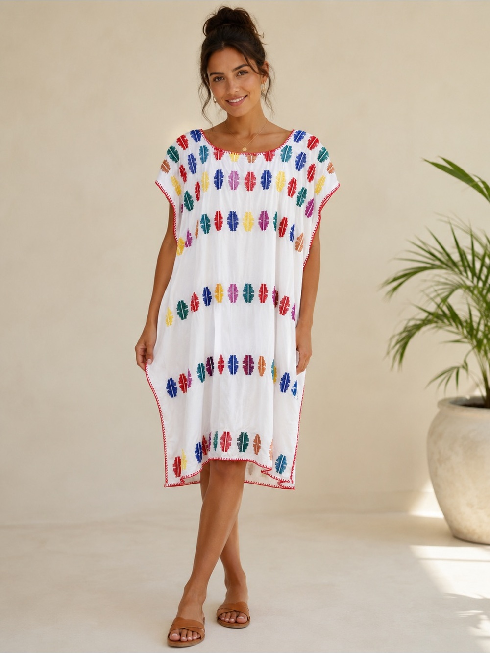 J. Marie Embroidered Huipil Kaftan Dress Boho Mexican Folk White Colorful Size M